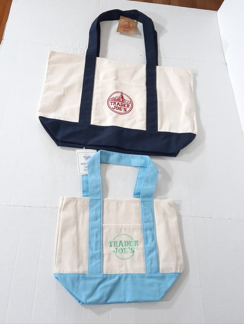 Large Trader Joe's Navy Blue Tote & Pastel Blue Mini Tote Set of 2 NWT